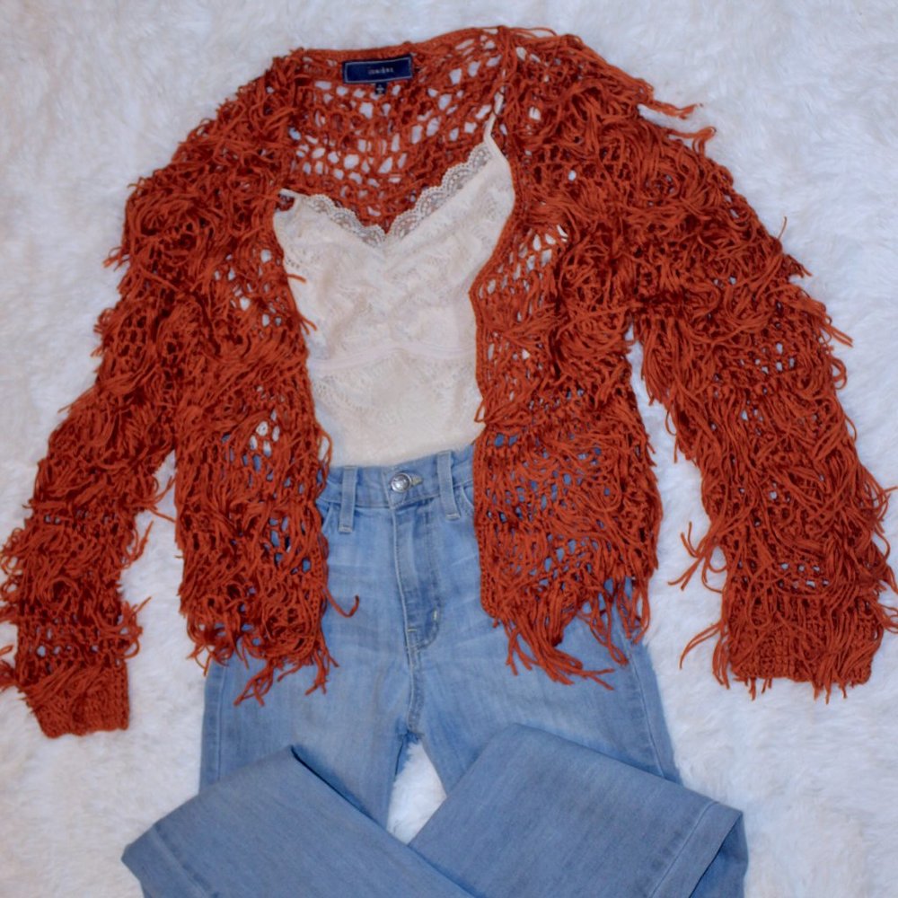 Knit Fringe Rust Jacket - Picture 7 of 8